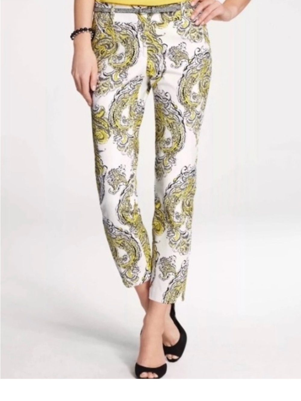 Ann Taylor Carnegie Crop Dress Pants White Yellow Paisley Chino Size 10P